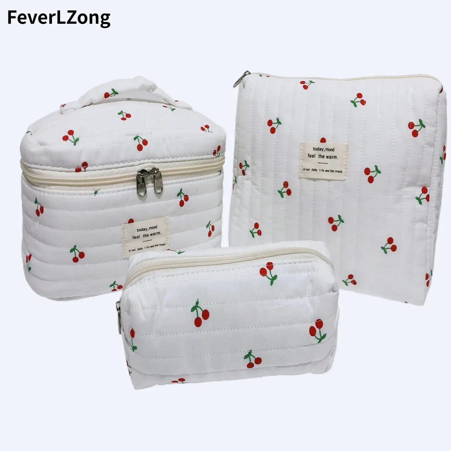 FeverLZong 3-Piece Quilted Cherry Motif Makeup Bag Set - Portable Vanity with Quilted Texture, Makeup Storage Organizer for Travel & Daily Use with Brush Pouch, 3-Piece Set