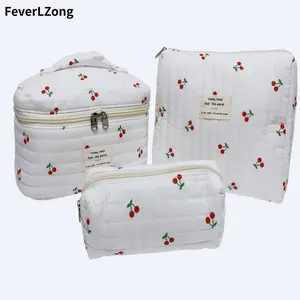 FeverLZong Floral Pattern Makeup Bag Set - 3-Piece Quilted Cherry Print Cosmetic Organizer for Travel & Daily Use makeup brush 3pc  bag  set pouch  organizer  singles