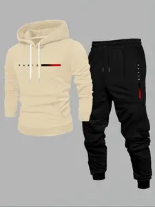 Men's Casual Hoodie Set, Letter Print Drawstring Sweatshirt + Jogger Pants, Fall & Winter Thick Knit Fabric, Fitted Style, 2 Piece Pack