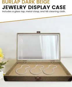 Novel Box Jewelry Display Case Burlap Dark Beige 14.75x8.25x2.1 Large Glass Box with Lid Metal Clasp for Collectibles Rock Collection Gem Display