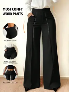 Women's Elastic Thin Flared Pants with Pockets, Black Casual Slim Trousers for Spring Summer, Daily Commute Office Wear