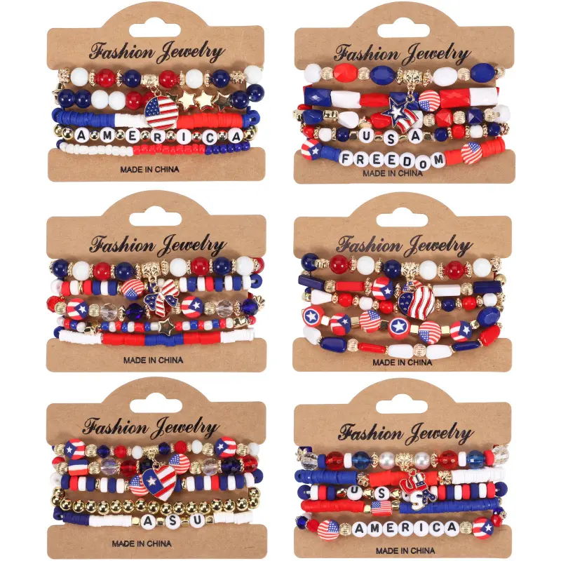 USA Patriotic Independence Day Bracelet - Heart & Star Design Classic Red White Blue Friendship Bracelet, Fashion