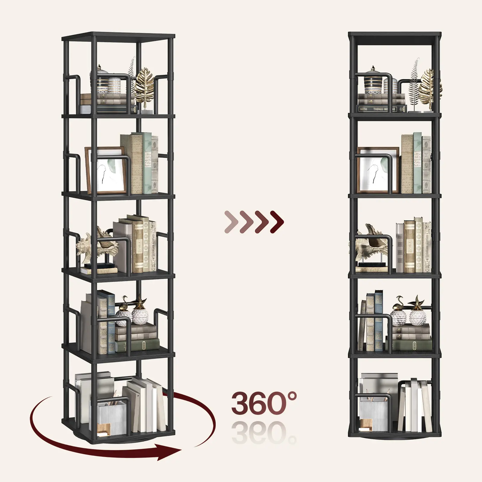 MAHANCRSI 360° Rotating Bookshelf, 5-Tier Spinning Bookcase, Industrial Style Storage Rack with Rails, Freestanding Corner Bookshelf, for Living Room, Bedroom, Study #SummerVibes#DealsforYouDays #SummerGarden