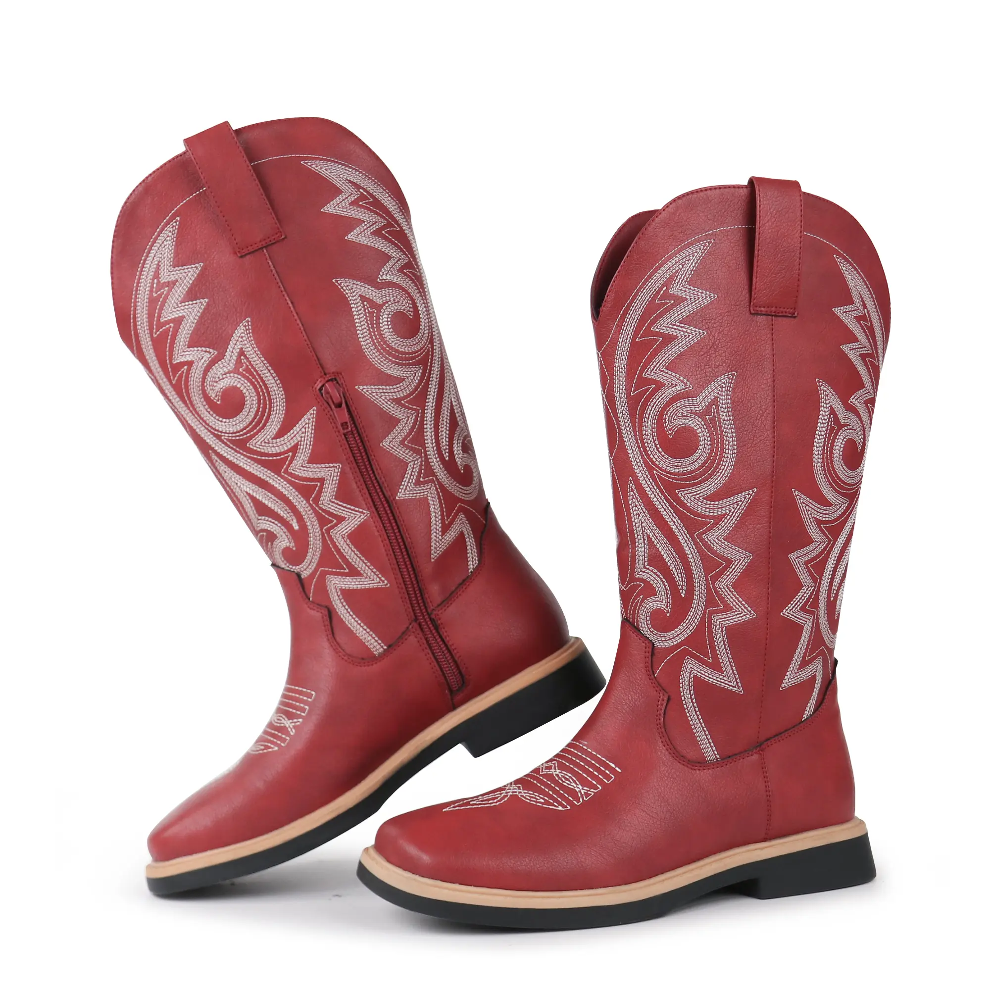 Hawkwell Women's Western Cowboy Boots - Embroidered Mid-Calf Footwear with Square Toe, Low Heel, Side Zipper, Western Elegance, American Traditional Decorative Statement Shoes, All Seasons, Urban Cowboy