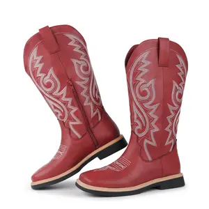 Hawkwell Women's Cowboy Cowgirl Boots Square Toe Side Zipper Embroidered Low Heel Dress Western Mid Calf Boot