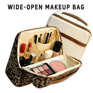 Stand-up Large Capacity Toiletry Bag, Portable Travel Makeup Organizer for Skincare & Cosmetics, Waterproof Vegan Leather Travel Bag with Sturdy Handle - Stylish Leopard/Cream, Fits on Luggage Handle, Makeup Organizer Pouch, Travel Essentials