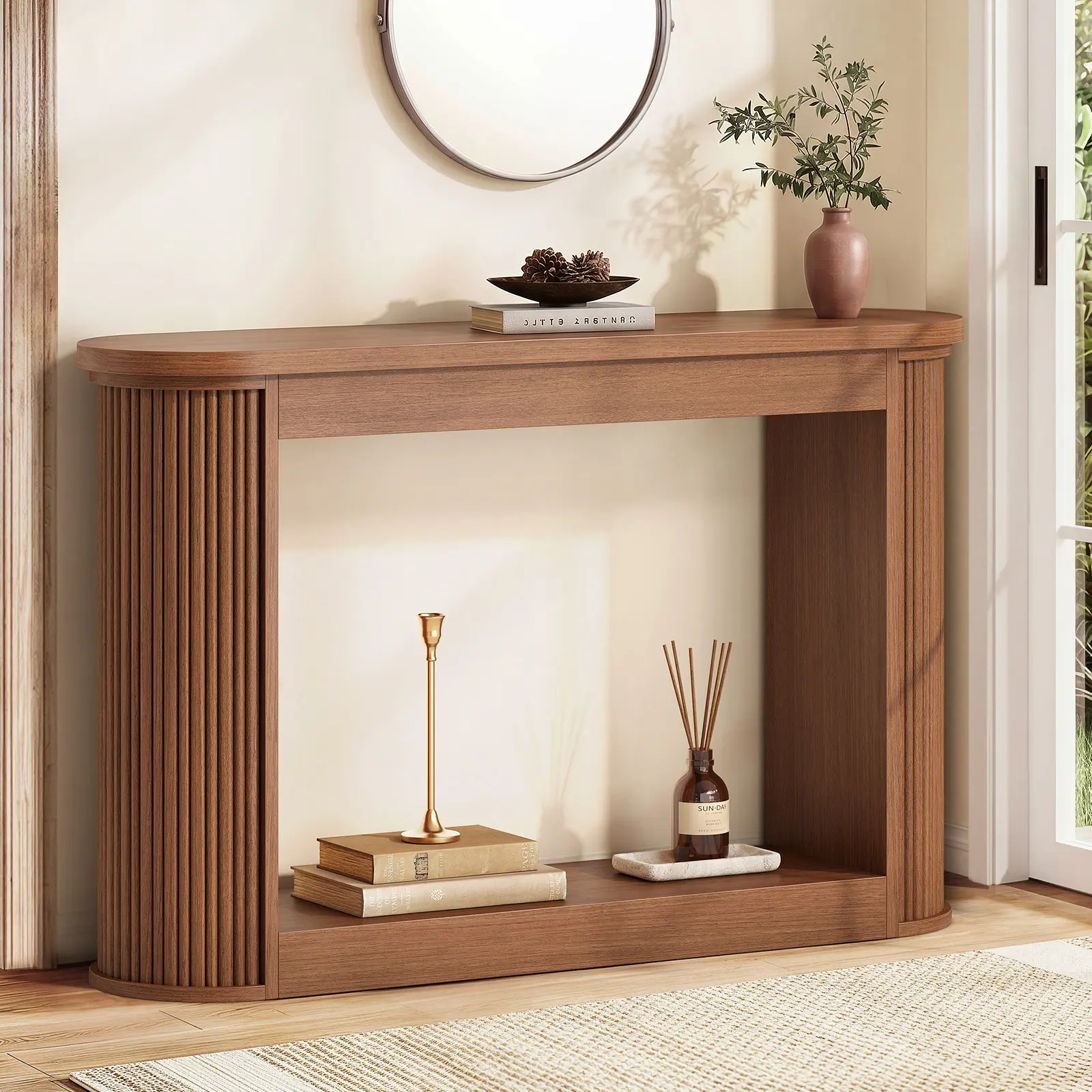 [SummerSale] Sikaic Double-layer Fluted Console Table with Fluted Legs, Multi-Functional Storage and Anti-Tip Design, Entryway Table for Hallway, Living Room, Small Apartment, Brown, Home Furniture, Dorm Essentials