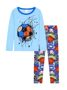Boys' Fitted Sleepwear Set, Long Sleeve Top with Football Print & Pants, Spring & Fall Comfortable Pajamas, Ideal for Boys
