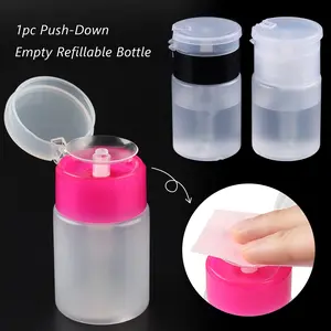 1 PC 60 ML / 2.02 FL OZ Push-Down Alcohol Dispenser Bottle, Pink/Black/Clear Refillable Empty Plastic Pump Dispenser Bottle with Flip-Top Cap, for Nail Polish Remover & Makeup Remover, Professional Manicure Salon Supplies, Empty Cosmetic Bottles