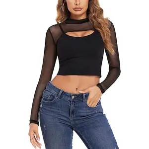 Mesh Crop Tops for Women Mock Neck Long Sleeve Crop Top See Through Shirt Top Sexy Clubwear Fit Polyester Slim Womenswear Blouse Breathable Bathing Hip Party Sheer women's summer outfits going tops 90s graphic tees Basic Minimalist