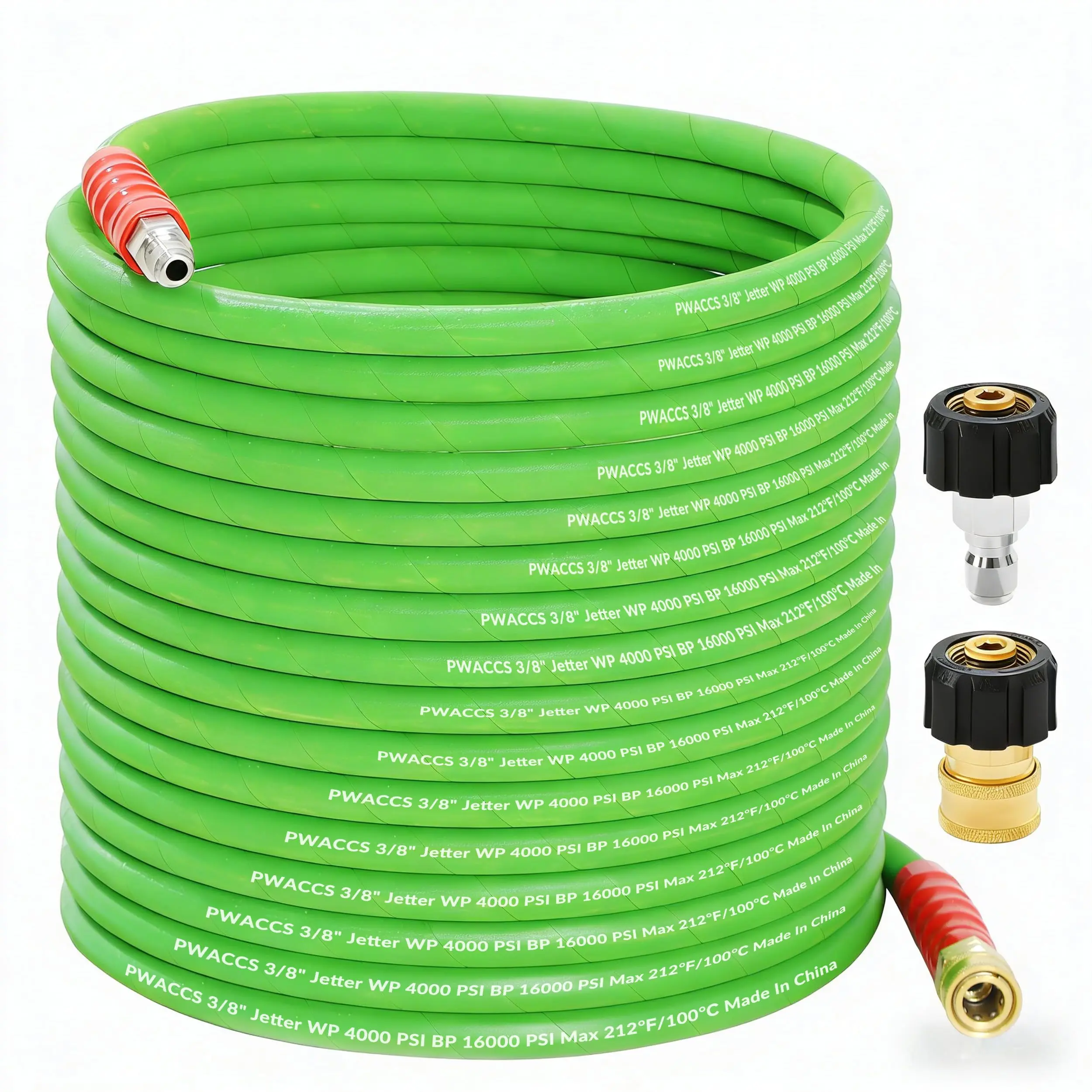 PWACCS Heavy-Duty Rubber Pressure Washer Hose, 50 FT 3/8" Inner Diameter Kink-Proof Steel Braided Hose, 4000 PSI High Flow for Cold/Hot Water, M22-14mm to 3/8" Quick Connect Adapters for Residential Cleaning