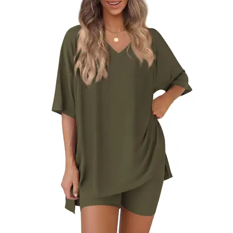 Women's 2-Piece Soft Breathable Fashion Loungewear Set - V-Neck Oversized Short-Sleeve Top & Biker Shorts, Matching Women's Clothes 2 Piece Set for Casual Activewear, 2 Piece Sets