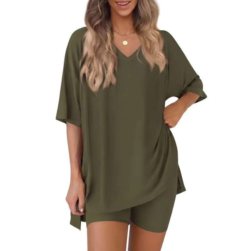 Women's 2-Piece Soft Breathable Fashion Loungewear Set - V-Neck Oversized Short-Sleeve Top & Biker Shorts, Matching Women's Clothes 2 Piece Set for Casual Activewear, 2 Piece Sets