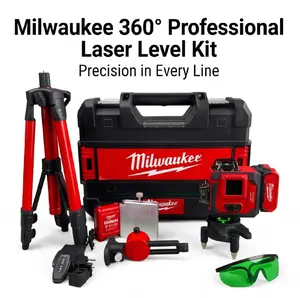 Milwaukee 360 Degree 12 16 Line Laser Level Set Built In 6000mAh Battery Complete With Charger Tripod Target Plate Bracket And Safety Glasses For Building Layout Construction Measurement And Interior Installation Work
