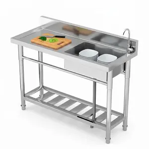 Stainless Steel Freestanding Utility Sink, Commercial Single Bowl Sink for Outdoor & Indoor Use. Fitted with hot and cold water lines, worktop and storage shelves, suitable for laundry rooms, garages and kitchens.