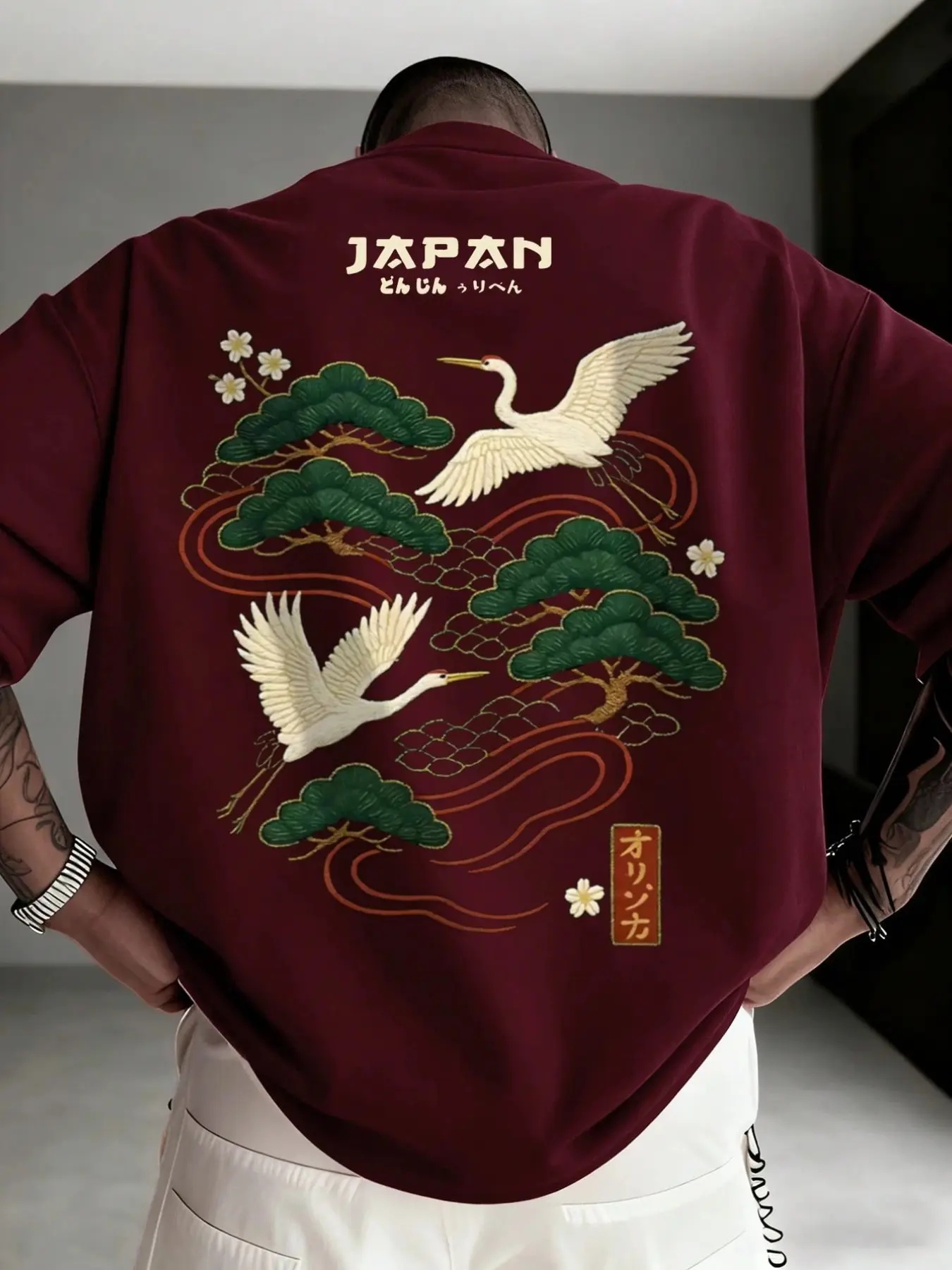 Unisex, Short Japanese casual streetwear style clothing featuring a Japanese crane and pine tree pattern print, loose and relaxed fit, Cultural, versatile for occasions, perfect for those who enjoy Japanese culture, a great gift for boyfriends