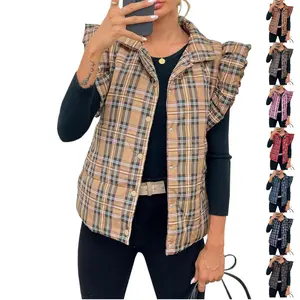 Imily Bela Womens Plaid Puffer Vests Ruffle Sleeveless Lightweight Quilted Vest Fall Winter Padded Gilets Coats
