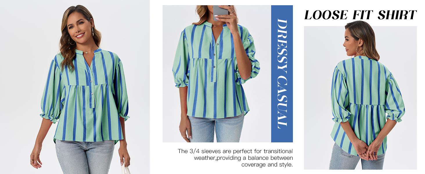 Tankaneo Womens Puff Sleeve Babydoll Tops Summer V Neck Striped Blouse Cute Casual Loose Fit Flowy Shirts