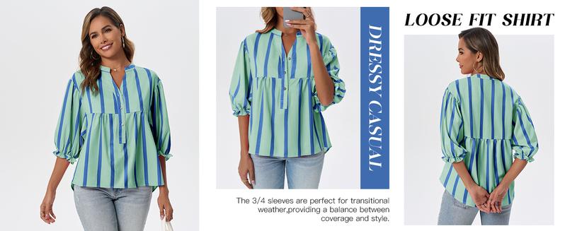 Tankaneo Womens Puff Sleeve Babydoll Tops Summer V Neck Striped Blouse Cute Casual Loose Fit Flowy Shirts