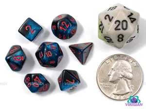 Mini Gemini Black-Starlight & Red | Glittery Black and Blue Swirls | 10mm Acrylic Dice Set (7) | Chessex Mini Wave 2