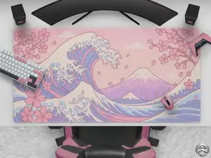 Kawaii Cherry Blossom Great Wave Mousepad, Cute Pastel Pink & Blue Sakura Desk Mat, Large Anime Mat For Gaming And Office