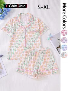 Women's Butterfly Print Lapel Collar Pajama Set, Comfortable Short Sleeve Top & Shorts PJ Set, Casual Comfy Pyjama Set for Women, Loungewear