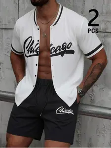 Trendy Men's Chicago Script Graphic 2 Piece Set, Menswear, Contrast Trim Short Sleeve Baseball Shirt & Drawstring Casual Shorts, Retro Vintage American Streetwear Outfit for Street Style & Daily Wear