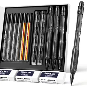 Nicpro 3 Pack 1.3 mm Mechanical Pencil Set with 72 Pack Lead Refill, 3 Erasers-HD1000 Carpenter Pencils, Weatherproof Metal Heavy Duty Construction Pencil for Outdoor Marking Drafting Drawing Woodworking