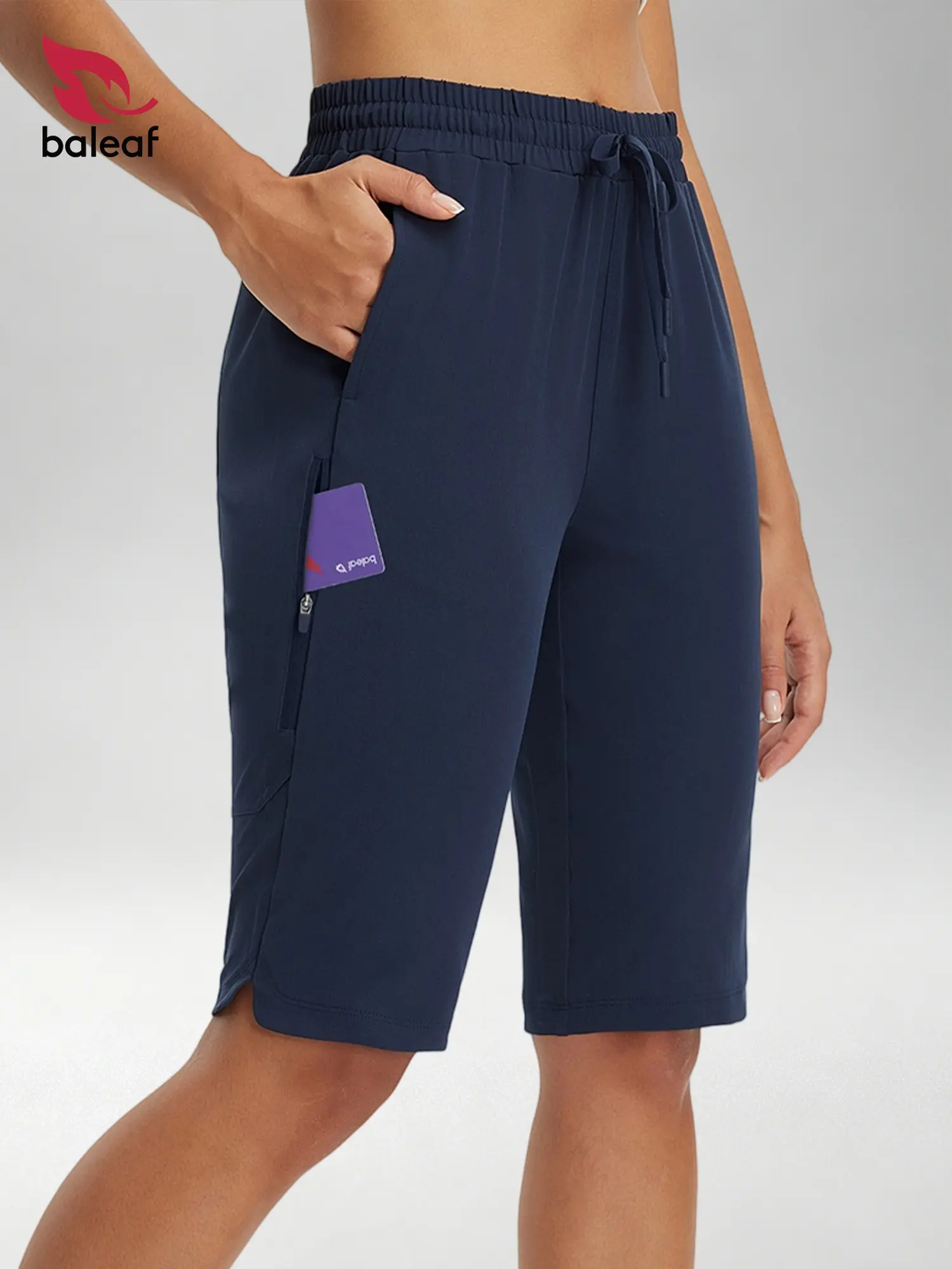 BALEAF Women's 13" Hiking Shorts High Waisted Knee Length Quick Dry Lightweight Water Resistant Stretch Shorts with 2 Side Pockets Zipper Pocket UPF 50+ Elastic Waist Travel Walking Camping Outdoor Casual Everyday Wear