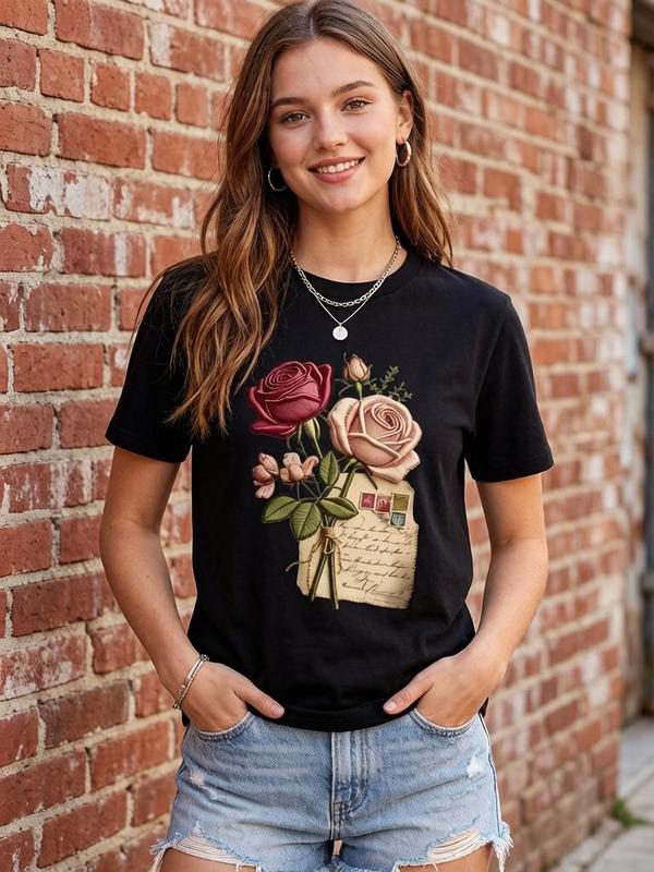 Women's Pure Cotton Fitted Cap Sleeve Crew Neck T-Shirt - Comfortable, Lightweight Retro Look Floral Rose Graphic, Black Cottagecore Casual Streetwear Top, Ideal for Valentine's Day, Christmas, Easter, Pairable with Sweatpants/Shorts, Do Not Bleach