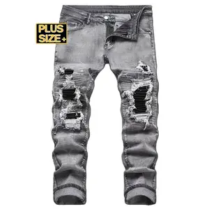 Men's High Cotton Y2K Plus Size Distressed Jeans, Retro Gray Washed Slim Fit Denim Pants with Ripped Holes & Black Patches, Grunge Streetwear Casual Trousers for Big & Tall Men