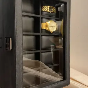 VLANDO Watch Box for 10 slot, Lockable Watch Case with Textured Leather, 2 Layer Watch Holder for Rings, Bracelets, Glasses, Glass Lid, Removable Divider, Christmas Gift  Holiday Gifts for Fathers, Husband, Friend