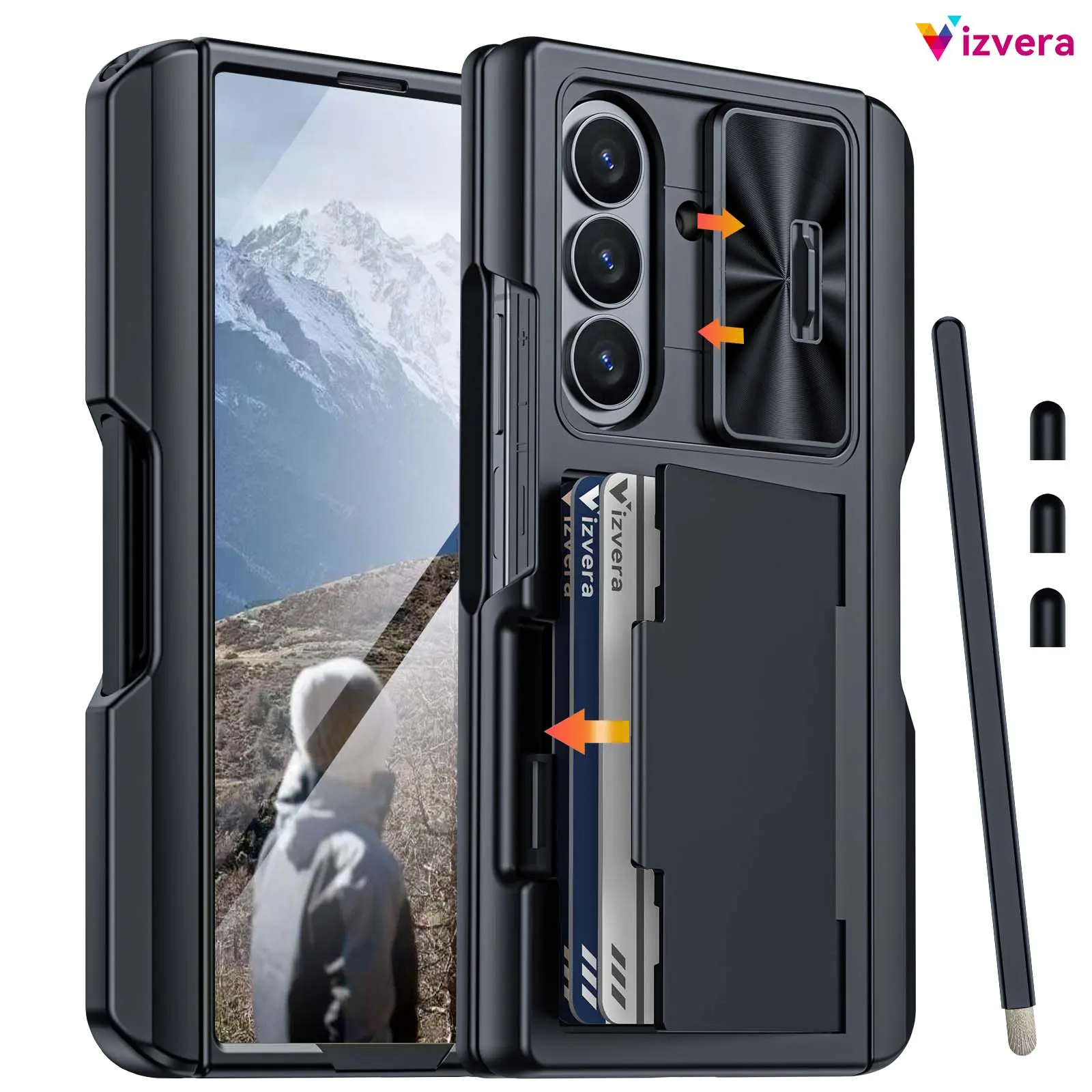 Vizvera for Samsung Galaxy Z Fold 7 Case – Military Drop Protection, Wallet RFID Card Holder (3–5 Cards), Sliding Camera Cover, Hinge Protection, Kickstand, Pen Slot + Free S Pen, 3 Pen Caps, 9H Tempered Glass Screen Protector summerwins
