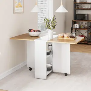 【 table only 】Foldable Drop Leaf Dining Table, Folding Dining Table with 2 Tier Storage & 6 Wheels, Space Saving Kitchen Dining Room Tables for Small Spaces Kitchen