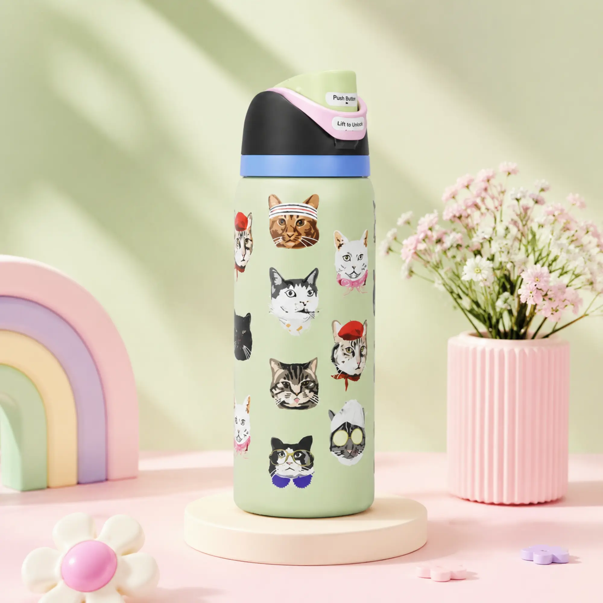 Owala Cute Green Cat 32oz FreeSip Water Bottle, Vacuum Insulated Stainless Steel Straw Lid Bottle for Cat Lovers, Reusable Leakproof Cup for Travel, School & Outdoor