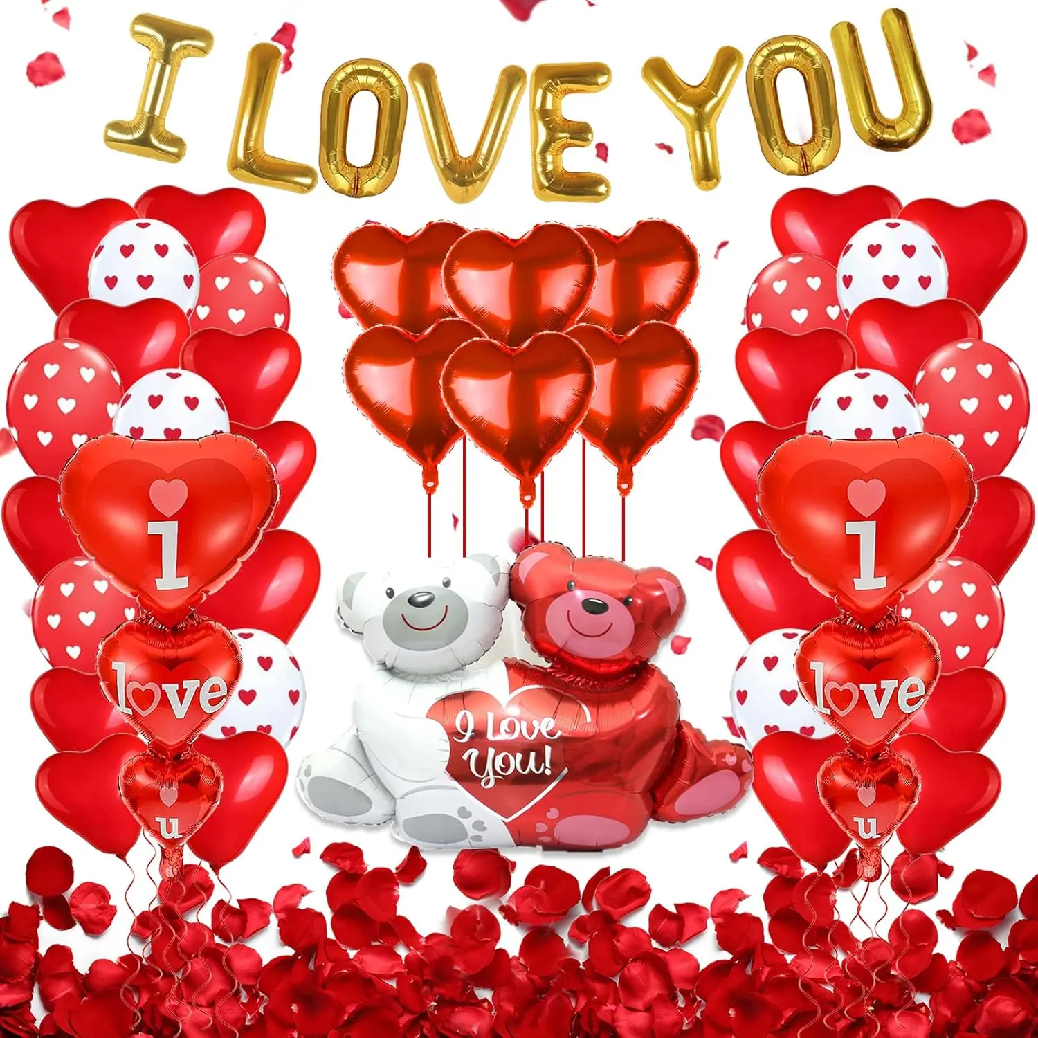 Fall Halloween Gift Balloon Decor Set - 49 Pcs 'I Love You' & Heart Balloons with Teddy Bear 1000 Silk Rose Petals Romantic Decorations