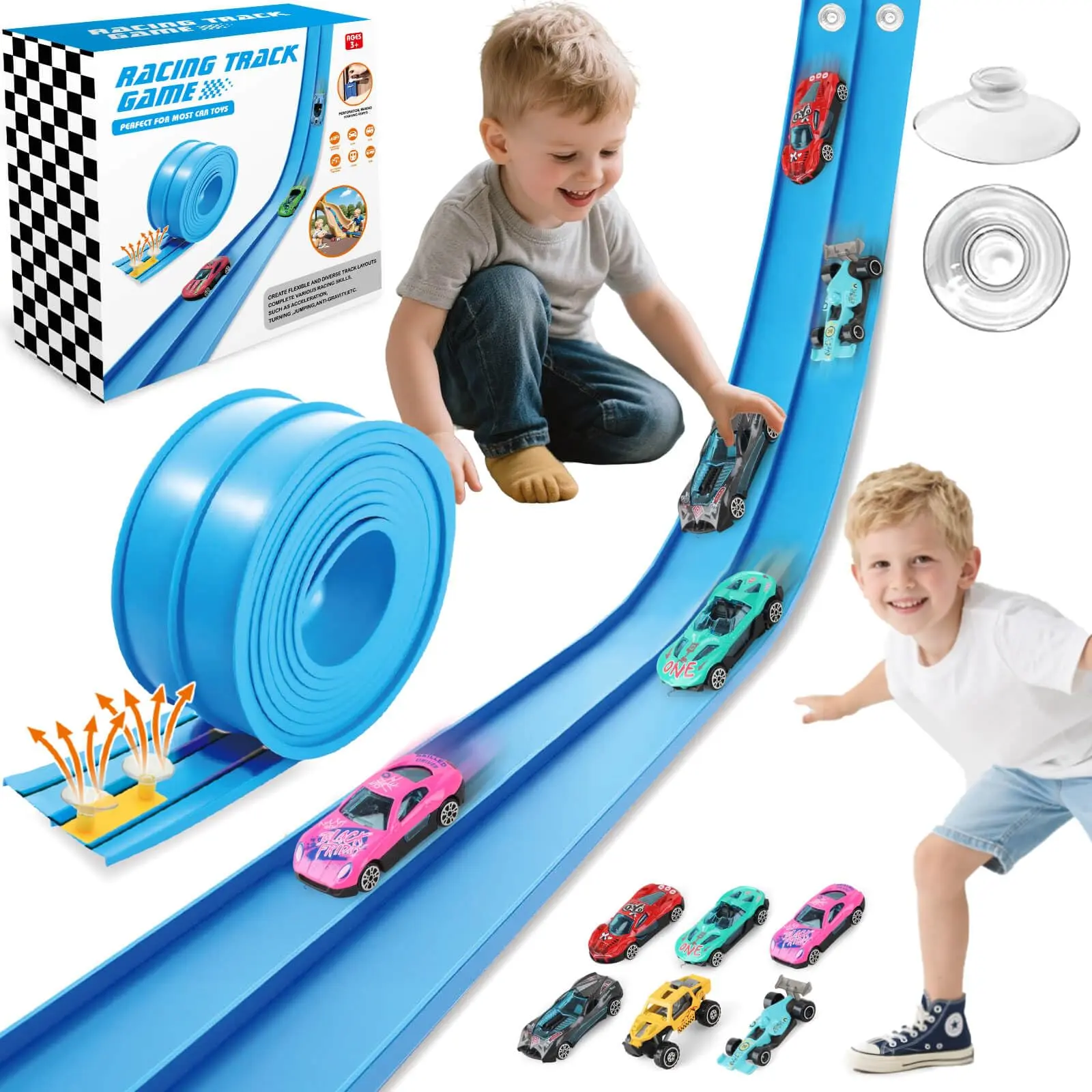 DIY Elastic Slope Track Toy Set - 15ft Flexible Plastic Track, 6 Suction Cups, Portable, Durable, Compatible with 1/64 Die-Cast Cars, Ideal for 3-8 Years (6-8 Years Focus), Creative Play, Children Development, Birthday Gifts for Outdoor Gatherings