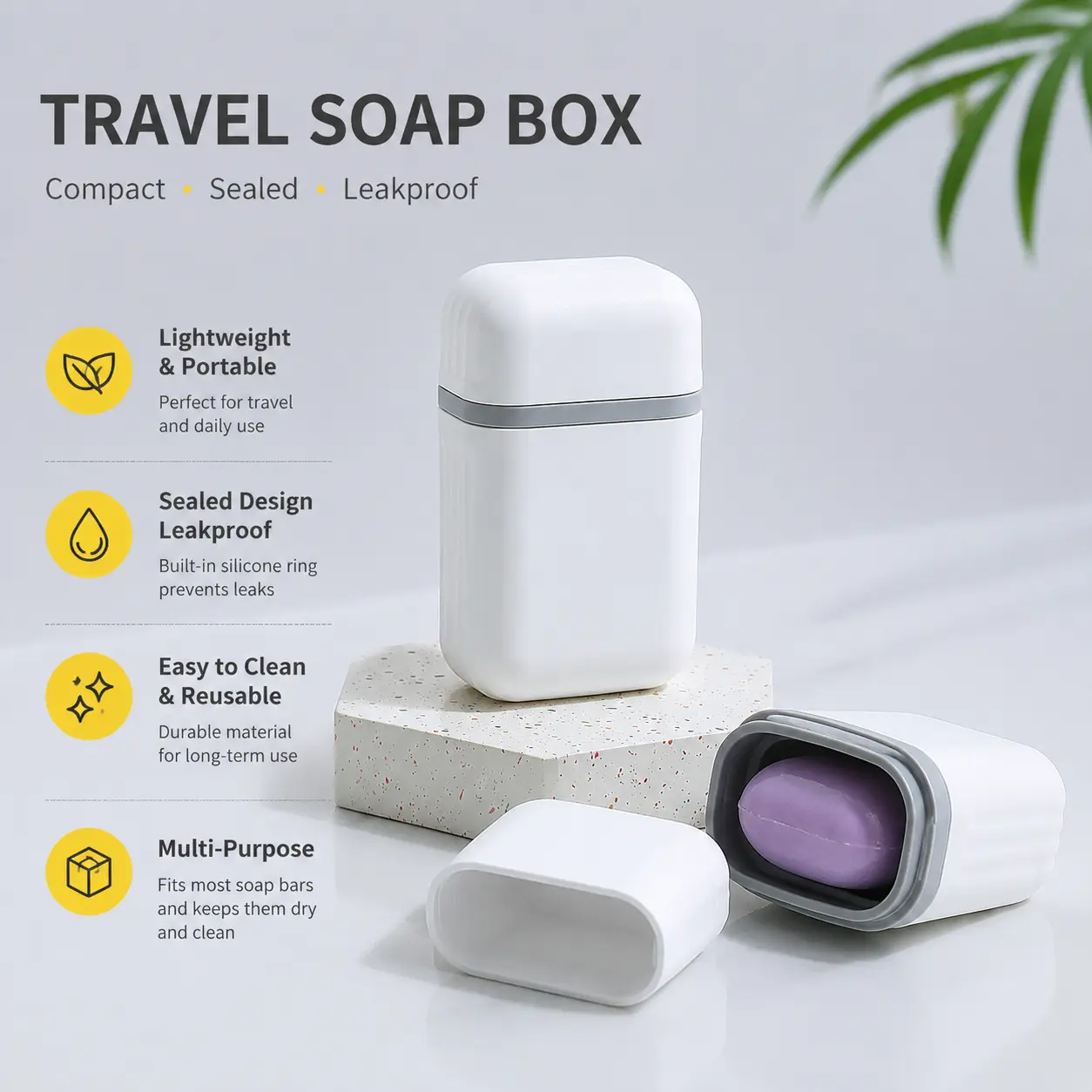 1-Count Silicone Travel Soap Dish, Slender Compact Leak-Proof Soap Box with Draining Tray, Removable & Washable Non-Slip Waterproof Holder for Travel, Outdoor Use