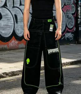 Men's Alien Print Baggy Denim Shorts, Black Y2K JNCO Style Skater Pants with Neon Green Stitching & Cargo Pockets, Cyber Grunge Hip Hop Streetwear