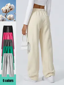 Women's Fleece Thermal Lined Straight Sweatpants, Wide Leg Baggy Basic Style Athletic Joggers Pants with Drawstring Waistband, Youth Girl Cute Casual Comfy Trouser  for Spring Autumn and Winter Minimalist Womenswear Bottom