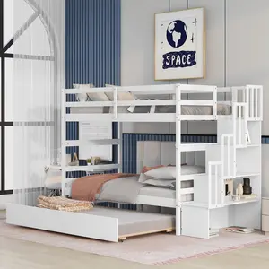 Twin Over Twin Solid Wood Bunk Bed with Trundle, Staircase and Storage Shelf, No Box Spring Needed, for Teens and Adults