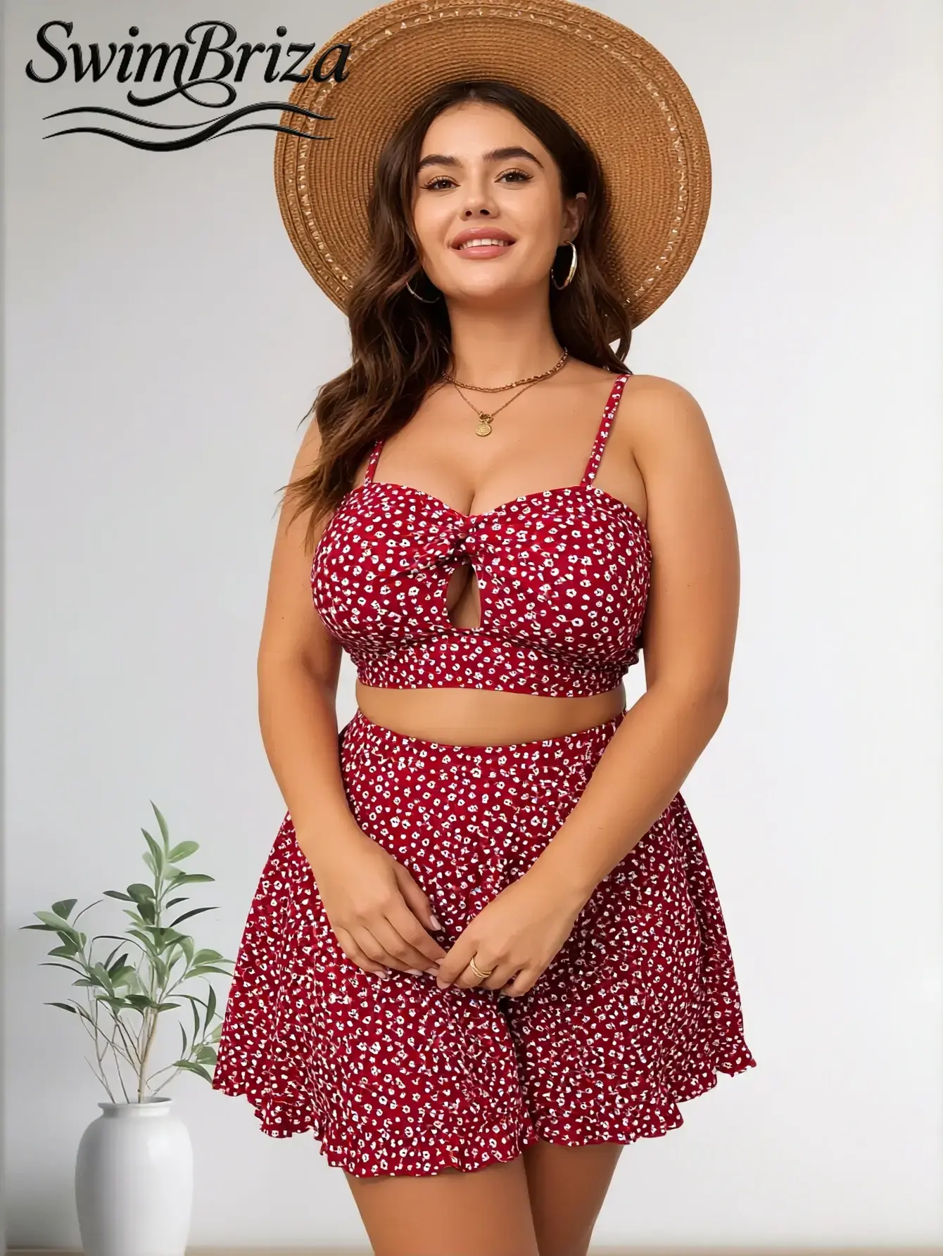 Briza｜Tie-Front Cutout Two-Piece Swimsuit In Red Floral Print, Plus Size Swimsuits And Plus Size Swimwear With High Waisted Bikini Sets And Bathing Suit Women Set, A Bathing Suits 2 Piece Set For Vacation Swimwear For Women