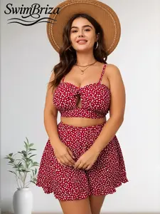 Briza｜Tie-Front Cutout Two-Piece Swimsuit In Red Floral Print, Plus Size Swimsuits And Plus Size Swimwear With High Waisted Bikini Sets And Bathing Suit Women Set, A Bathing Suits 2 Piece Set For Vacation Swimwear For Women
