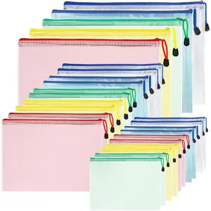Mesh Zipper Pouch Bags, 25 PCS Waterproof Zipper Pouch 5 Colors Plastic Zippers Bags Clear Mesh Storage Pouches Assorted Colors for Classroom School Office Supplies Cosmetics Travel Storage A4 A5 A6