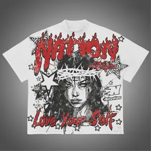 (HIGH QUALITY AOP) Men'S Y2K Patterned T-Shirt in White Featuring a Street Style Design with Red Flames And a Thorn Crown, Emblazoned with The Slogan 'Love Yourself'.This Hip-Hop Casual Crew Neck Short Sleeve Shirt Is Machine Washable