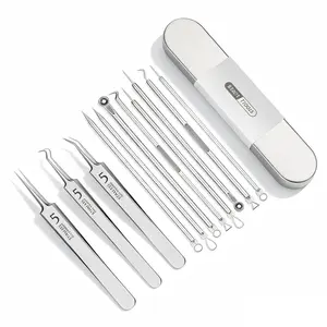 11PCS Salon-Grade Acne Needle Multi-Pack - Imported Stainless Steel Skincare Tools with Blackhead Removal Tweezer, Comedone Extractor, Pimple Popper Kit, Storage Case, Derma Roller & Face Skin Towels