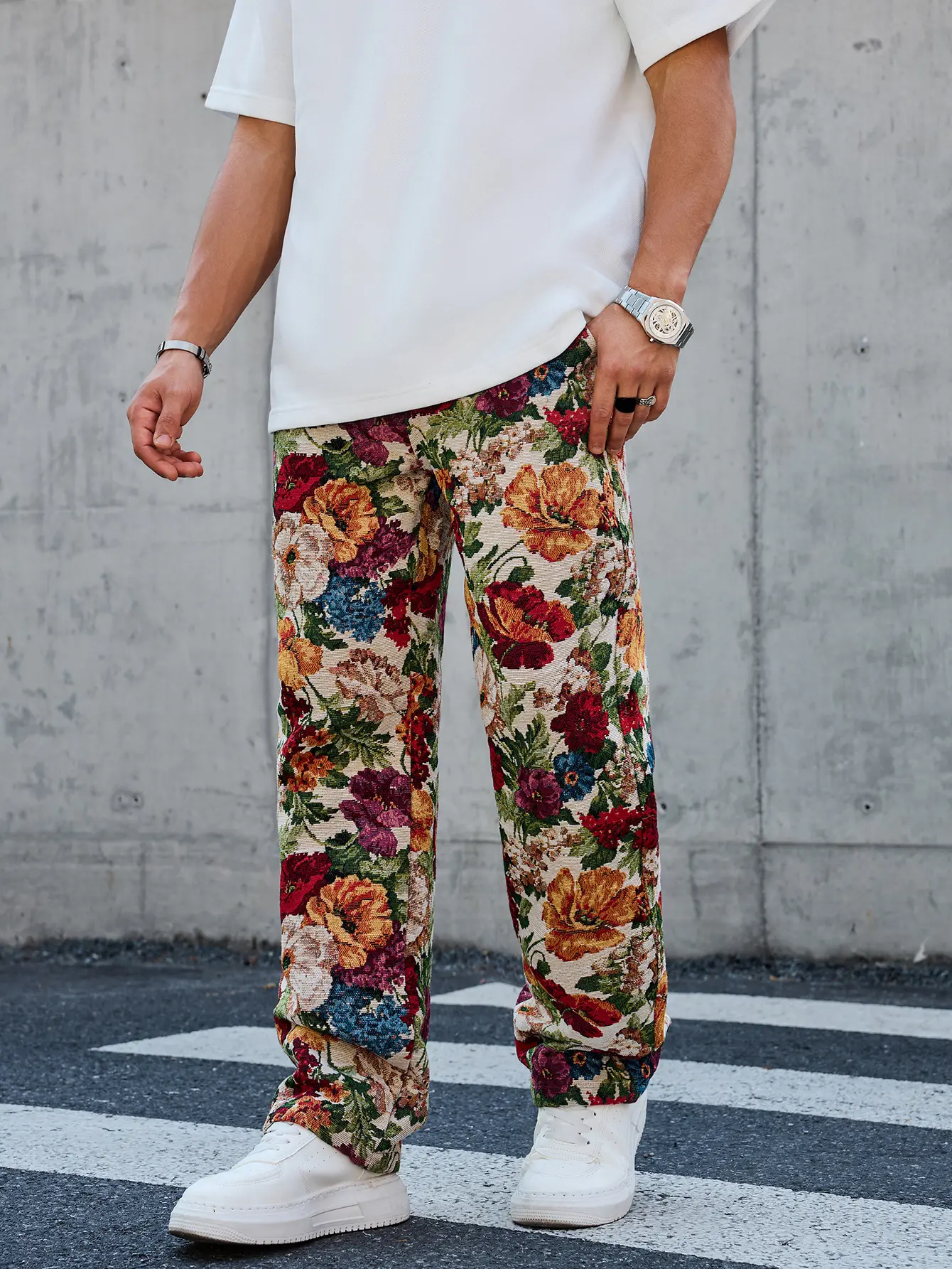 Unisex Vintage Oil Painting Floral Jacquard Straight Leg Pants – Textured Jacquard, Elastic Drawstring Waist, All Over Floral Print, Relaxed Straight Fit, American Retro Street Style for Vacations & Outings