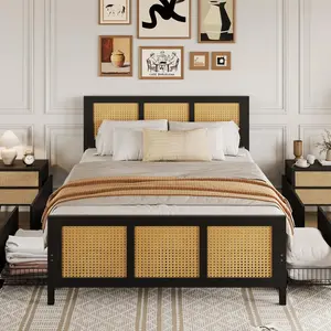 Black Rattan Bed Frame with Headboard, Boho Cane Platform Full Size Bed Frame with 4 Drawers, Strong Metal Slats Support, No Box Spring Needed