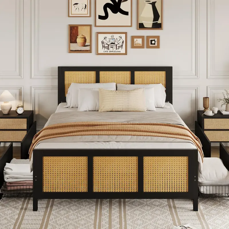 Black Rattan Bed Frame with Headboard, Boho Cane Platform Full Size Bed Frame with 4 Drawers, Strong Metal Slats Support, No Box Spring Needed