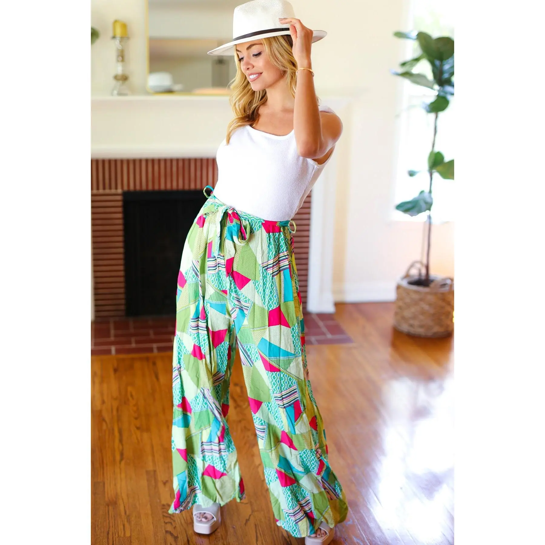 Feeling Couture Ivory & Mint Corded Geo Print Wide Leg Jumpsuit